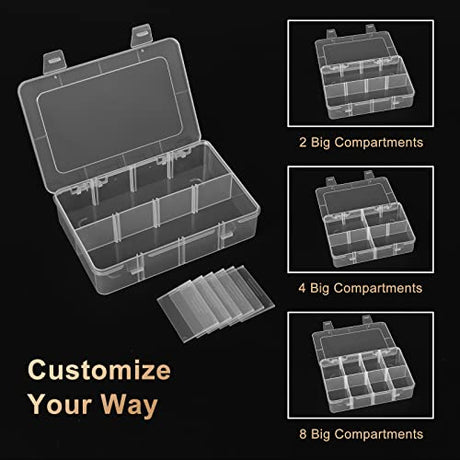 QUEFE 4 Pack 8 Grids Bead Organizers and Storage, Plastic Organizer Box with Removable Dividers Tackle Box Organizer for Candies Snacks Electronics QUEFE
