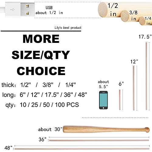 HOPELF 100PCS Dowel Rods Wood Sticks Wooden Dowel Rods - 1/4 x 12 Inch Unfinished Bamboo Sticks - for Crafts，Hardwood Dowel Rod Assortment，Wooden Rod HOPELF