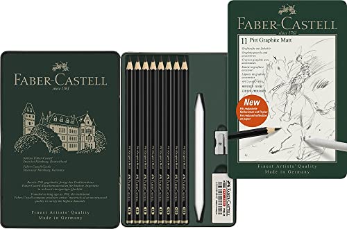Faber-Castell Pitt Graphite Matte Pencil Set, Metal Tin of 8 Graphite Pencils and Sketching Accessories (HB, 2B, 4B, 6B, 8B, 10B, 12B, 14B), Pencil