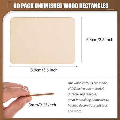 60 Pcs Unfinished Wood Rectangles Cutouts 2.5x3.5 Inch Rectangle Unfinished Wood Pieces Blank Wooden Cutout Tiles with Rounded Corners Wood