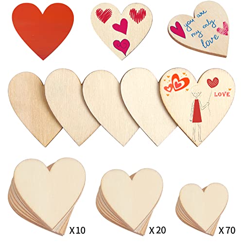 DERAYEE 100Pcs Unfinished Wooden Hearts for Crafts, Assorted Size Cutout Blank Wood for Valentines Day Christmas Wedding Party DIY Ornaments DERAYEE