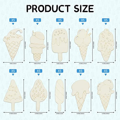 50PCS Unfinished Ice Cream Wood Cutouts 10 Styles Summer DIY Blank Unfinished Wooden Cutouts for Crafts Ice Cream Ornament for Kids Painting, DIY