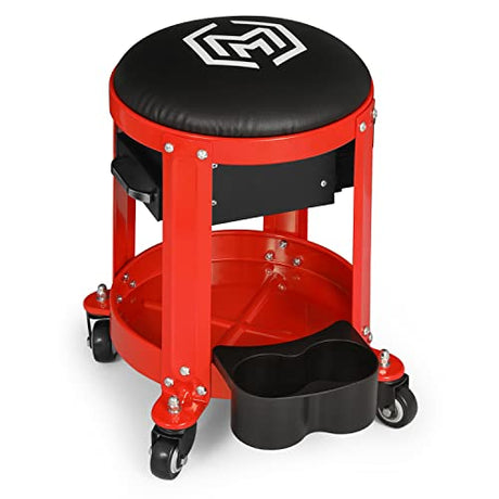 M-AUTO Rolling Workshop Mechanic Stool Creeper Seats with Tool Storage Drawers and Can Holders, 300LbS Garage Rolling Toolbox Stool with Wheels, Work M-AUTO