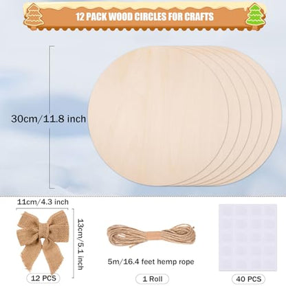 12 Pack 12 Inch Wood Circles for Crafts Unfinished Round Wood Discs Blank Wood Rounds Slices Wooden Round Door Hanger Sign with Bows, Twine, Glue