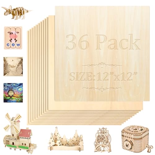 36 Pack Basswood Sheets,12"x12"x1/8" 3mm Basswood Plywood,Craft Wood,Unfinished Wood,for DIY Ornaments and Model Engraving, Wood Burning, QSJQllo
