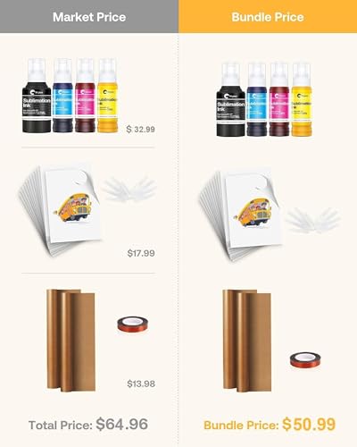 Hiipoo Sublimation Ink Set with 110 Sheet Sublimation Paper 8.5x11” 125G, 2  Pack Teflon Sheet, Heat Tape compatible for Inkjet Printer ET-2720 ET-2760