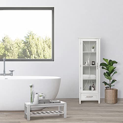 Teamson Home Delaney Tall Narrow Linen Tower with Glass Door, 3 Adjustable Shelves & Drawer - White Teamson Home