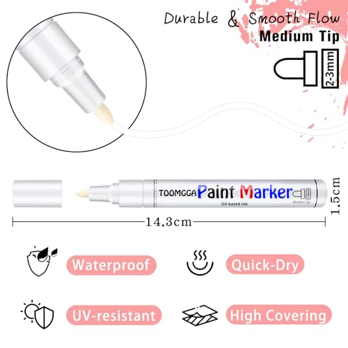 White Paint Pen Permanent Paint Markers - 2 Pack Oil Based Paint Markers, Medium Point, Quick Drying and Waterproof Paint Pens for Rock Painting Car TOOMGGA