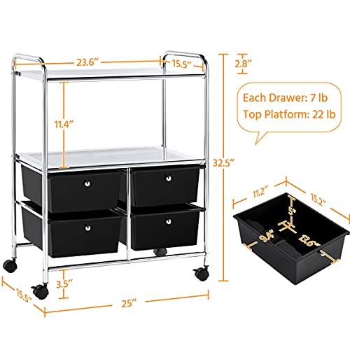 Yaheetech Rolling Storage Cart with 4 Drawers 2 Shelves Plastic Trolley on Wheels for Home Office School Beauty Salon, Black - WoodArtSupply