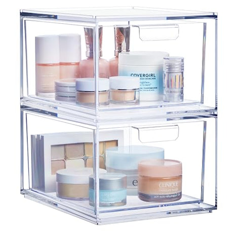 STORi Audrey Stackable Clear Bin Plastic Organizer Drawers | 2 Piece Set | Organize Cosmetics and Beauty Supplies on a Vanity | Made in USA STORi