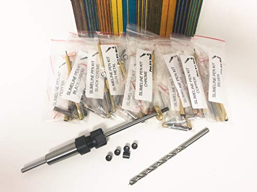 PKM 27 pc Slimline Pen Kit Starter Kit BUNDLE with 5 Bushings, Maxi-Mandrel #2 Morse Taper, Spectraply Wood, 10 assorted Slimline Pen Kits, Carry - WoodArtSupply