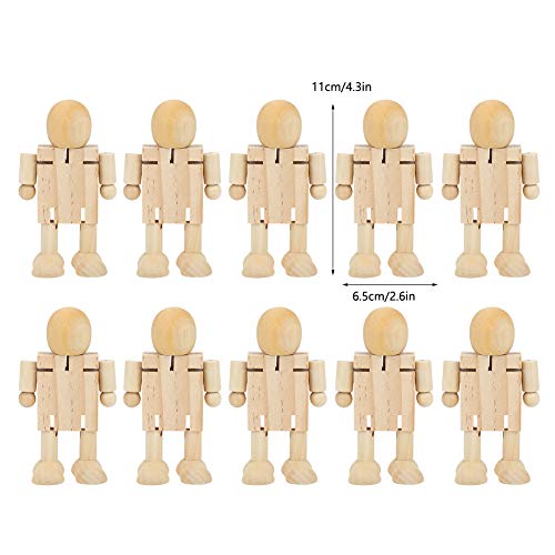 Natudeco 10PCS Toy People Set Unfinished Wood Toys Wooden Craft People Figures Unfinished Wooden Figures Kit Joint Adjustables Robot Paintable Natudeco