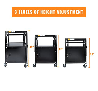 Metateel Steel Large AV Cart with Extra Storage - Adjustable Height Cart with Locking Cabinet, Pullout Tray, Power Strip, and Cord Management - Holds - WoodArtSupply