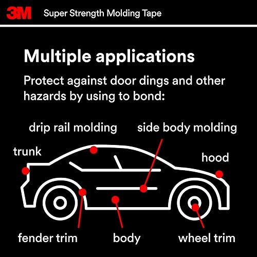 3M Super-Strength Molding Tape, 1/2 in x 15 ft, High Strength Double-Sided Adhesive, Permanently Attaches Side Moldings, Trim and Emblems to Interior 3M
