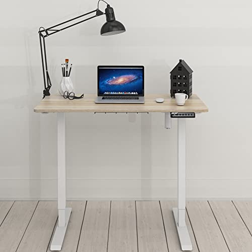 SHW Small Electric Height Adjustable Sit Stand Desk with Hanging Hooks and Cable Management, 40 x 22 Inches, White Frame and Maple Top - WoodArtSupply