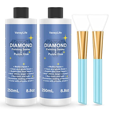 VansyLife Updated Diamond Painting Sealer 2 Pack 500ML with Silicone Brush, 5D Diamond Painting Glue Accessories Permanent Hold & Shine Effect for VansyLife