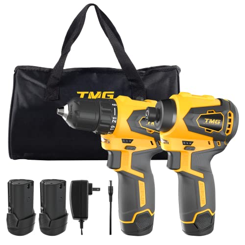 TMG 12V Max Brushless Drill and Impact Driver, Cordless Power Tool Combo Kit, 2-Tool Lithium-Ion Tool Set with 2.0 Ah batteries and Bag - WoodArtSupply