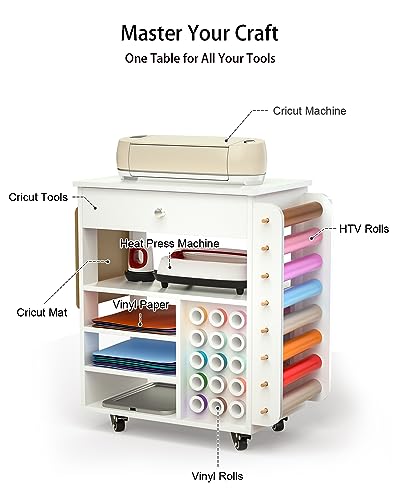 Rolling Craft Cart and Storage Table for Cricut - VDamu Vinyl Roll Holder and Craft Room Organizer