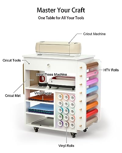 Rolling Craft Cart and Storage Table for Cricut - VDamu Vinyl Roll Holder and Craft Room Organizer - WoodArtSupply