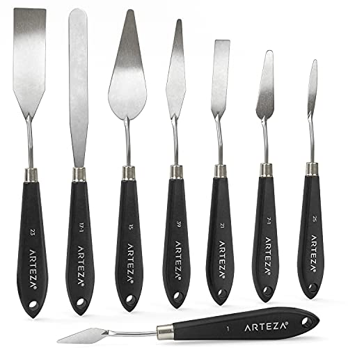 Arteza Palette Knives 8-Pack, Sizes No. 1, 25, 7, 15, 39, 23, 17, 21, Durable Stainless Steel Blade & Break-Resistant Wooden Handle, Art Supplies for ARTEZA