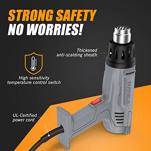 DIAFIELD 1850W Heat Gun Variable Temperature Settings 112℉~1202℉（44℃- 650℃), Fast Heat Hot Air Gun, Durable & Overload Protection, with 4 Nozzels for