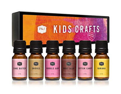 P&J Fragrance Oil Kids Crafts Set | Root Beer, Banana, Cake Batter, Bubble Gum, Smores, Cotton Candy Candle Scents for Candle Making, Freshie Scents,