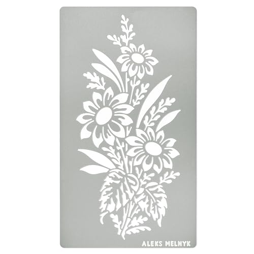 Aleks Melnyk No.273 Metal Stencil, Sunflower in a Bouquet with Wildflowers, Leaf Blossom, Small Stencil, 1 PC, Template for Wood Burning, Engraving, - WoodArtSupply