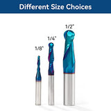 2 PCS CNC Router Bits 1/4inch Shank 1/8inch Cutting Dia Carbide Ball Nose End Mill with Nano Blue Coating for Side Milling End Milling, Finish YOKISHUN