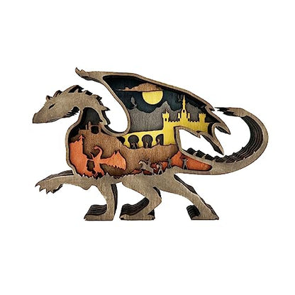 Edlike Dragon Figurine Decor, Lighted Up Wooden Centerpiece Animal Table Decorations, 3D Multilayer Castle Wall Art Carved Dragon Decor, Dragon Decor for Home Office Bookshelf,Glowing Dragon Decor