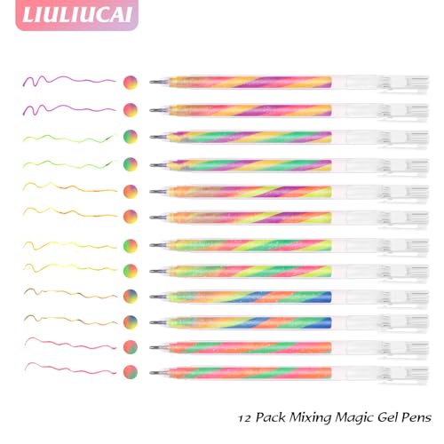 LIULIUCAI 12 Pack Mixing of 3 Colors Rainbow Gel Pens Color Changing Ballpoint Pen Glitter Pen Set for Adults Coloring Books Drawing Doodling LIULIUCAI
