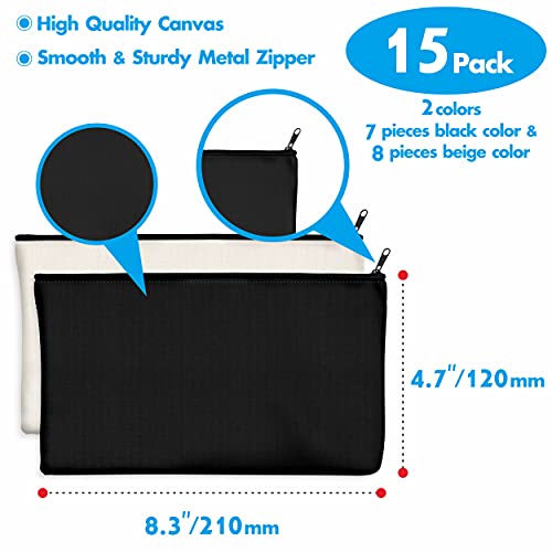 15 Pack Blank Cotton Canvas DIY Craft Zipper Bags Pouches Pencil Case for Makeup Cosmetic Toiletry Stationary Storage (Beige & Black 8.3” x 4.7”) Vantasii