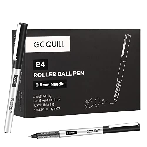 GC Quill Rollerball Pens, Pack of 24, 0.5mm Black Liquid Ink Pens for Bullet Journaling, Fine Point Rollerball, Office Supplies for Writing, Taking