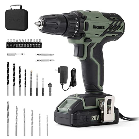 KREBS 20V Cordless Drill Set, Power Drill Kit with 1 Batteries & Fast Charger, 3/8-Inch Keyless Chuck 2 Variable Speed 18+1 Torque Setting and 28pcs KREBS