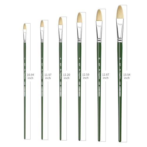 XDT#6385 Filbert Artist Paint Brush 6 Piece Set Medium Stiff Hog Bristle Extra Long Handle #2#4#6#8#10#12, Acrylic Oil Watercolor - WoodArtSupply