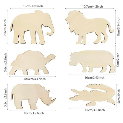 30 Pack Unfinished Wood Animal Cutouts Jungle Animal Crafts Wood Elephant, Rhino, Lion, Hippo, Crocodile, Turtle Cutouts to Paint Wooden Safari