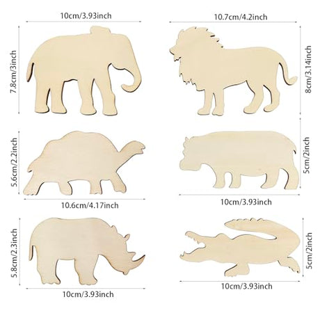 30 Pack Unfinished Wood Animal Cutouts Jungle Animal Crafts Wood Elephant, Rhino, Lion, Hippo, Crocodile, Turtle Cutouts to Paint Wooden Safari Xonzmmk