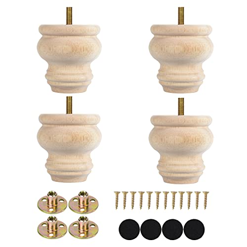 Michanco 3 Inch Unfinished Bun Feet Set of 4 Wood Furniture Legs Replacement Wooden Legs for Sofa Couch Cabinet Ottoman Michanco