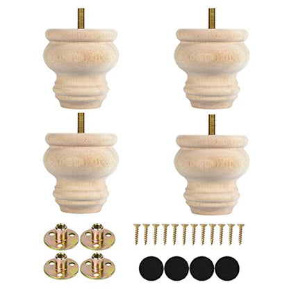 Michanco 3 Inch Unfinished Bun Feet Set of 4 Wood Furniture Legs Replacement Wooden Legs for Sofa Couch Cabinet Ottoman - WoodArtSupply