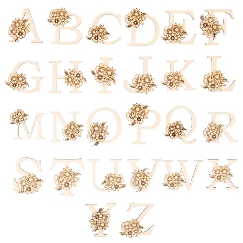 Tofficu Mini Unfinished Wood Alphabet Letters 26pcs Unfinished Mini Blank Wood Letter with Flower for Home Decor, Spelling Education, DIY Homemade Tofficu