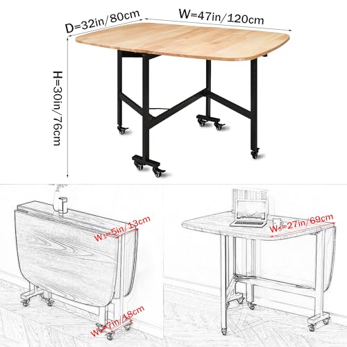 Rukulin Multifunction Table Drop Leaf Dining Table - 47" Solid Wooden Foldable Kitchen Table with 6 Wheels (Natural)