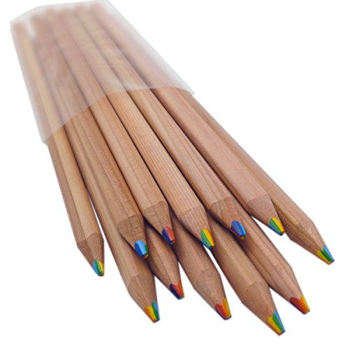 Rainbow Pencils - Triangular Shape Easy to Grip with 7 Colors in 1 Pencil - Natural Cedar - Will Not Crumble (Bundle of 12) Writes in a rainbow of - WoodArtSupply