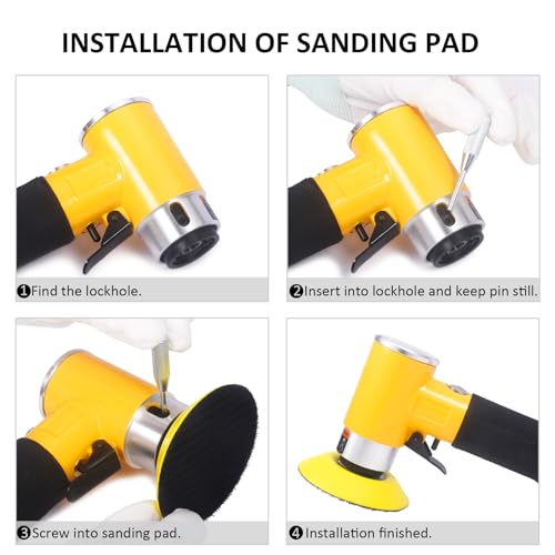 ZHONG AN 2"3" Mini Air Sander Pneumatic Random Orbital Sander, High Speed Pneumatic Palm Sander Air Polisher for Auto Body Work, Woodworking Yellow ZHONG AN