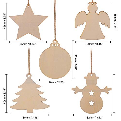 50 Pcs Wooden Christmas Ornaments Unfinished, Wood Slices for Crafts in 5  Styles with 10 Twine, DIY Wooden Christmas Ornaments Hanging Decorations