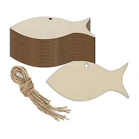 JANOU 20pcs Fish Shape Unfinished Wood Cutouts DIY Crafts Blank Hanging Gift Tags Ornaments with Ropes for Summer Ocean Sea Theme Party Decoration, JANOU