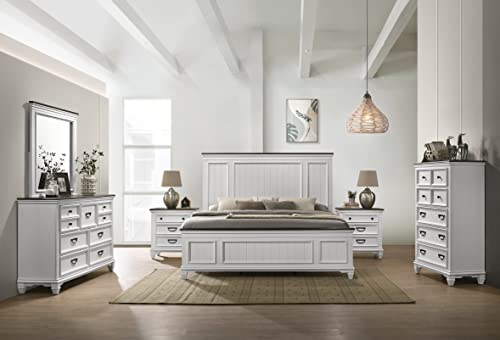 Roundhill Furniture Clelane Wood Bedroom Set with Shiplap Panel Bed, Dresser, Mirror, Two Nightstands, and Chest, Queen, Weathered White and Walnut Roundhill Furniture