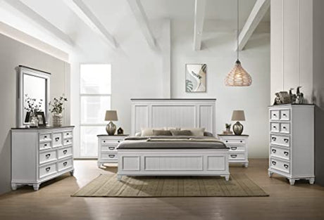 Roundhill Furniture Clelane Wood Bedroom Set with Shiplap Panel Bed, Dresser, Mirror, Two Nightstands, and Chest, King, Weathered White and Walnut Roundhill Furniture