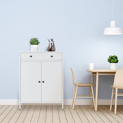 BESFUR Sideboard Buffet Cabinet, Accent Cabinet with Drawer, 39.3“H x 27.5”W x 15.7“D Metal Buffets & Sideboards for Living Room, Hallway - White BESFUR