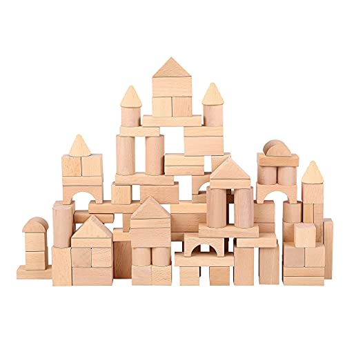 Pidoko Kids Wooden Blocks - 100 Pcs - Building Blocks for Toddlers - Includes Storage Container with Shape Sorter Lid - Natural Beech Wood Blocks - Pidoko Kids