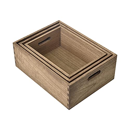 KIRIGEN Nesting Wooden Crates with Portable Handles for Home Organizer - Wood Rustic Decor Farmhouse Boxes/Basket Rolling Trays set of 3 Dark Brown KIRIGEN
