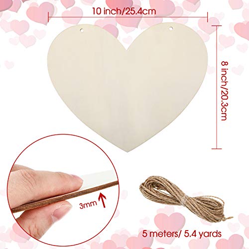 4 Pieces Wooden Heart Cutouts Blank Wood Heart Shape Slices Unfinished Heart Wood Discs with 5 Meters Long Rope for DIY Hanging Ornaments Valentine's